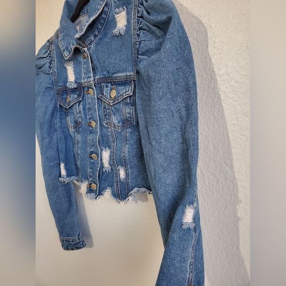 Denim Blvd Los Angeles Puff Sleeve Ripped Raw Hem Crop Jean Jacket Dark Blue S - Picture 7 of 12